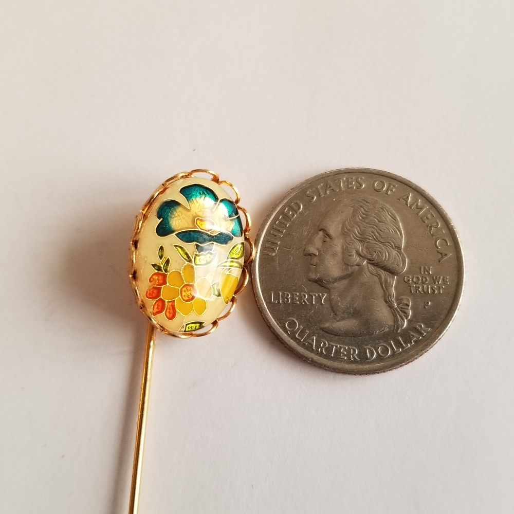 Vintage floral stickpin stick pin cloisonne enamel cabochon gold tone lapel - Picture 3 of 10